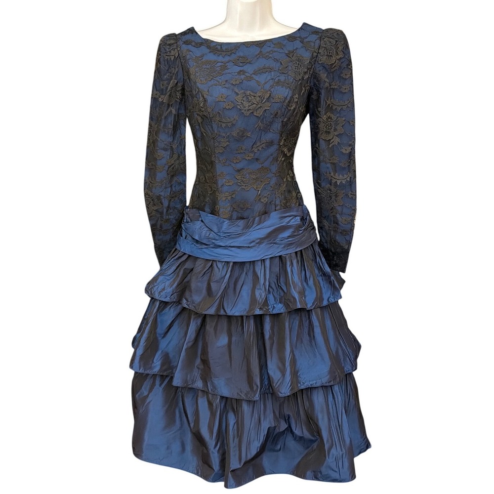 80's House of Bianchi Dress Ruffle Tiered Lace Bow Gothic Glam Prom Formal